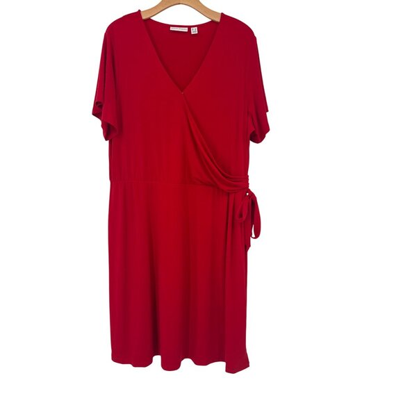 Susan Graver Womens Red liquid knit faux Wrap Dress side tie Size 1X plus - Picture 2 of 6